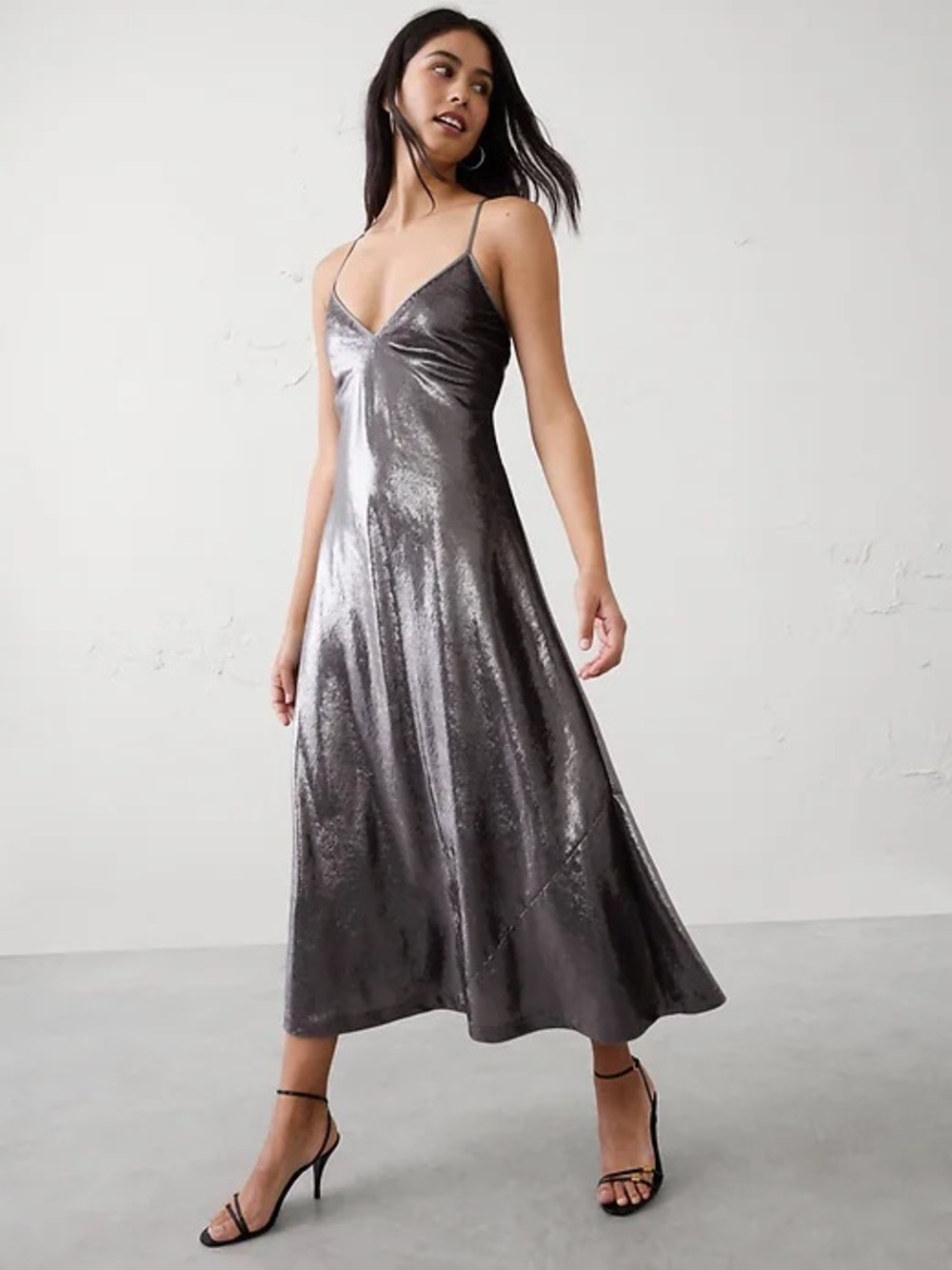 Banana Republic Metallic Charcoal Slip Midi Dress